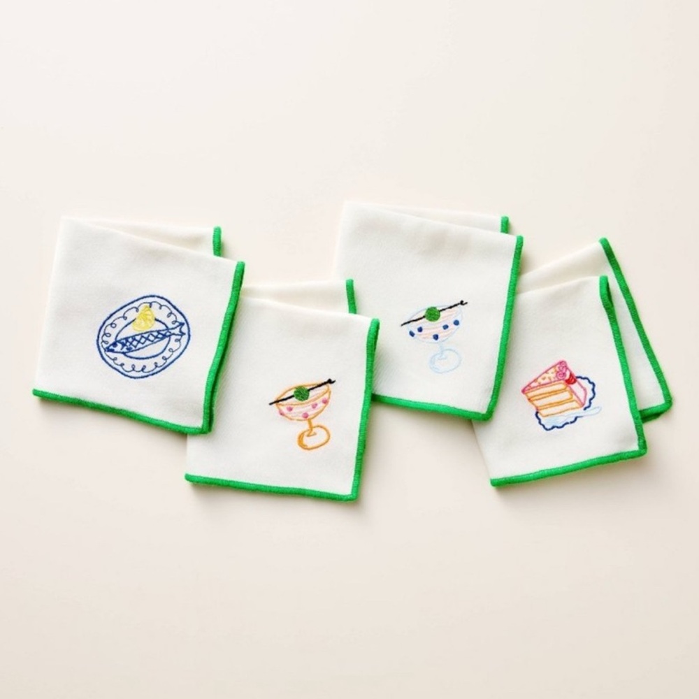 Kate Spade x Target Cream Green Embroidered Satin Cocktail Napkin 4PC Set